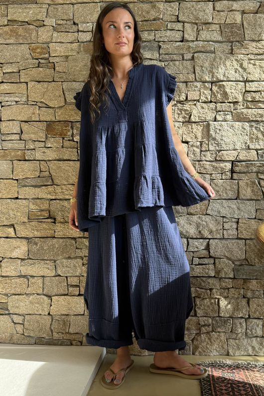 Tasha Cushion Cotton Balloon Barrel Pant Navy